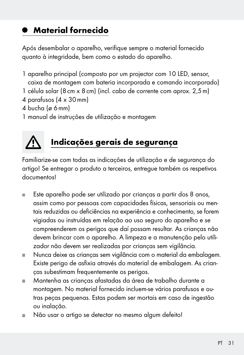 Material fornecido, Indicações gerais de segurança | Livarno Z31999 User Manual | Page 31 / 63