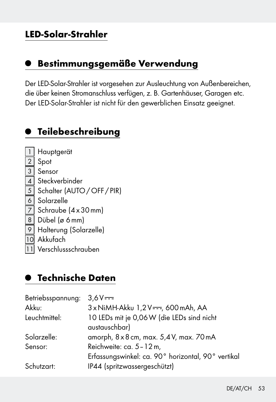 Led-solar-strahler bestimmungsgemäße verwendung, Teilebeschreibung, Technische daten | Livarno Z31999 User Manual | Page 53 / 63