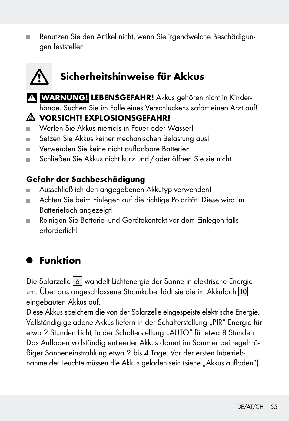 Sicherheitshinweise für akkus, Funktion | Livarno Z31999 User Manual | Page 55 / 63