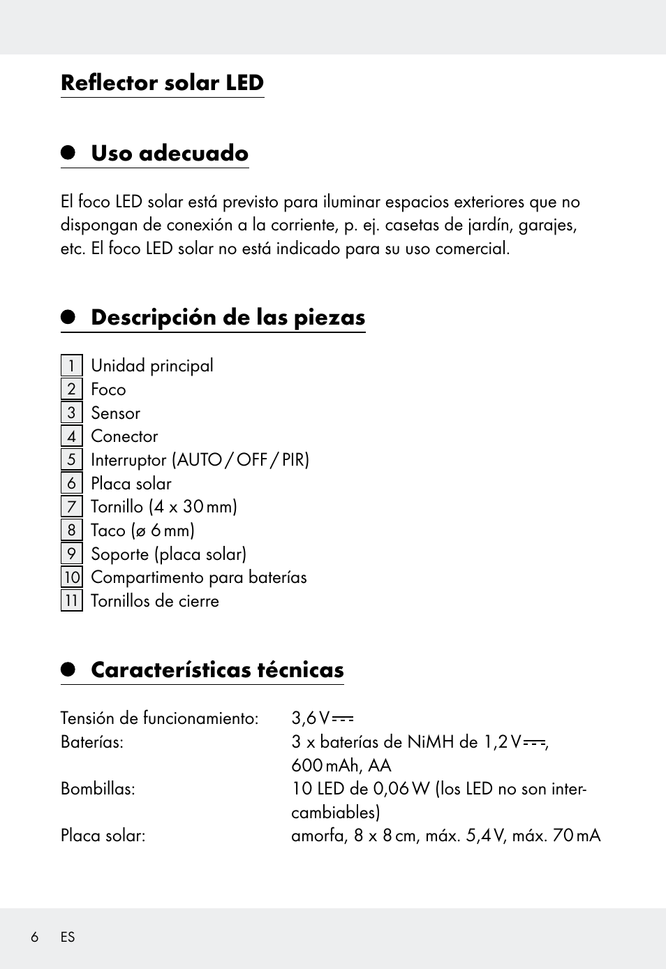 Reflector solar led uso adecuado, Descripción de las piezas, Características técnicas | Livarno Z31999 User Manual | Page 6 / 63