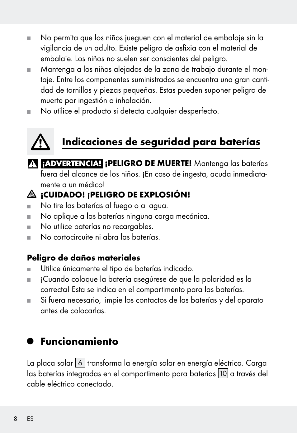 Indicaciones de seguridad para baterías, Funcionamiento | Livarno Z31999 User Manual | Page 8 / 63