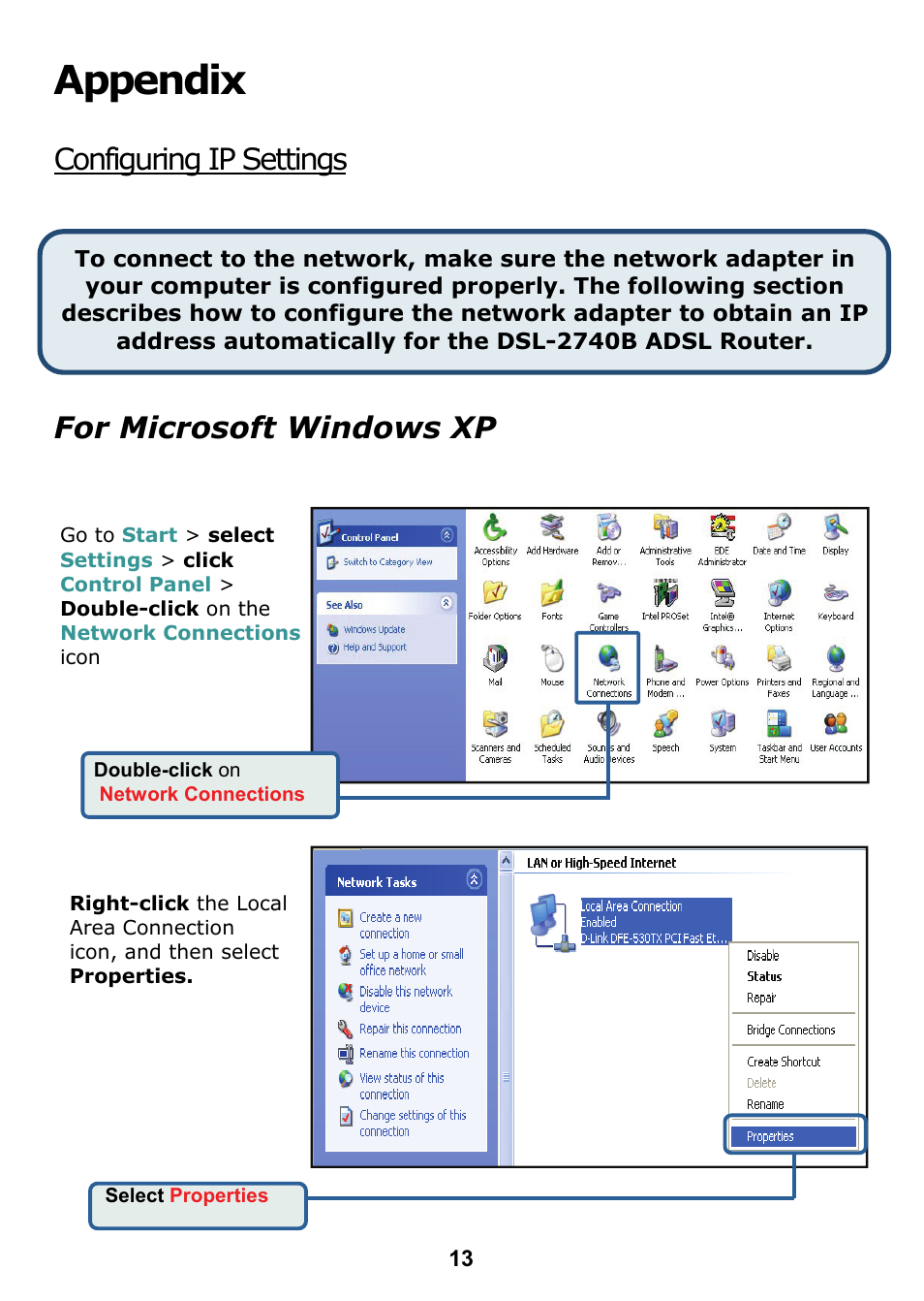 Appendix, Configuring ip settings, For microsoft windows xp | D-Link DSL 2740B User Manual | Page 13 / 15