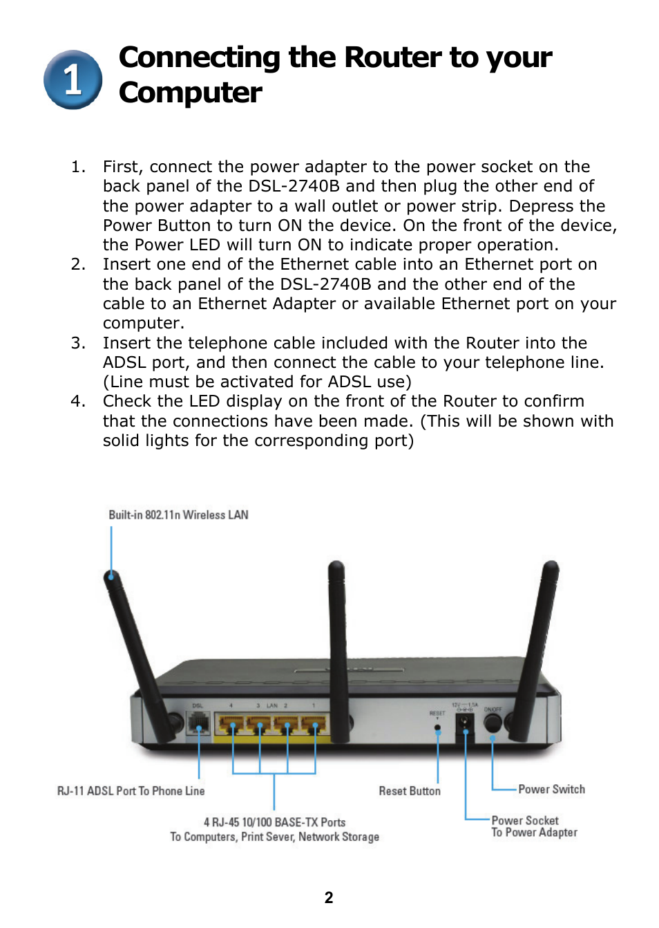 Connecting the router to your computer | D-Link DSL 2740B User Manual | Page 2 / 15