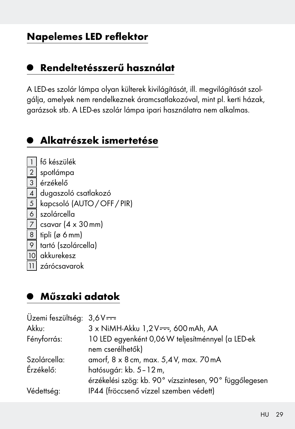 Napelemes led reflektor rendeltetésszerű használat, Alkatrészek ismertetése, Műszaki adatok | Livarno Z31999 User Manual | Page 29 / 85