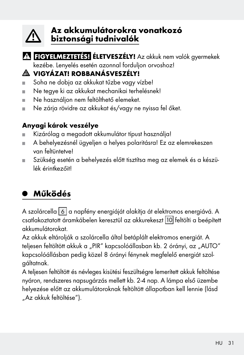 Az akkumulátorokra vonatkozó biztonsági tudnivalók, Működés | Livarno Z31999 User Manual | Page 31 / 85