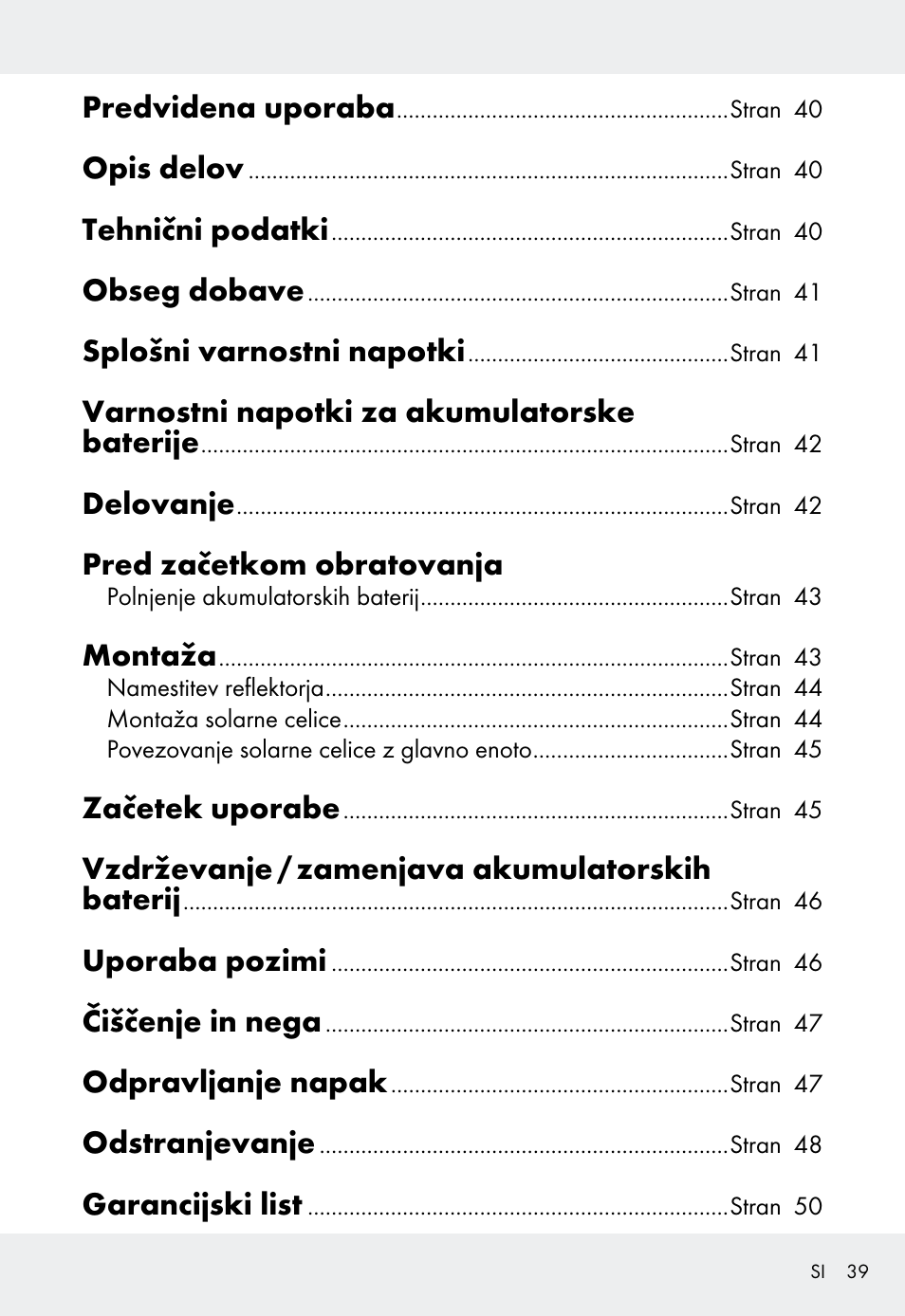 Predvidena uporaba, Opis delov, Tehnični podatki | Obseg dobave, Splošni varnostni napotki, Varnostni napotki za akumulatorske baterije, Delovanje, Pred začetkom obratovanja, Montaža, Začetek uporabe | Livarno Z31999 User Manual | Page 39 / 85