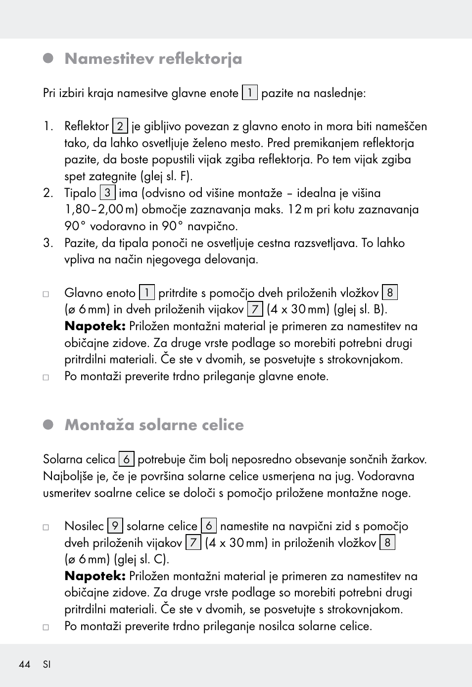 Namestitev reflektorja, Montaža solarne celice | Livarno Z31999 User Manual | Page 44 / 85