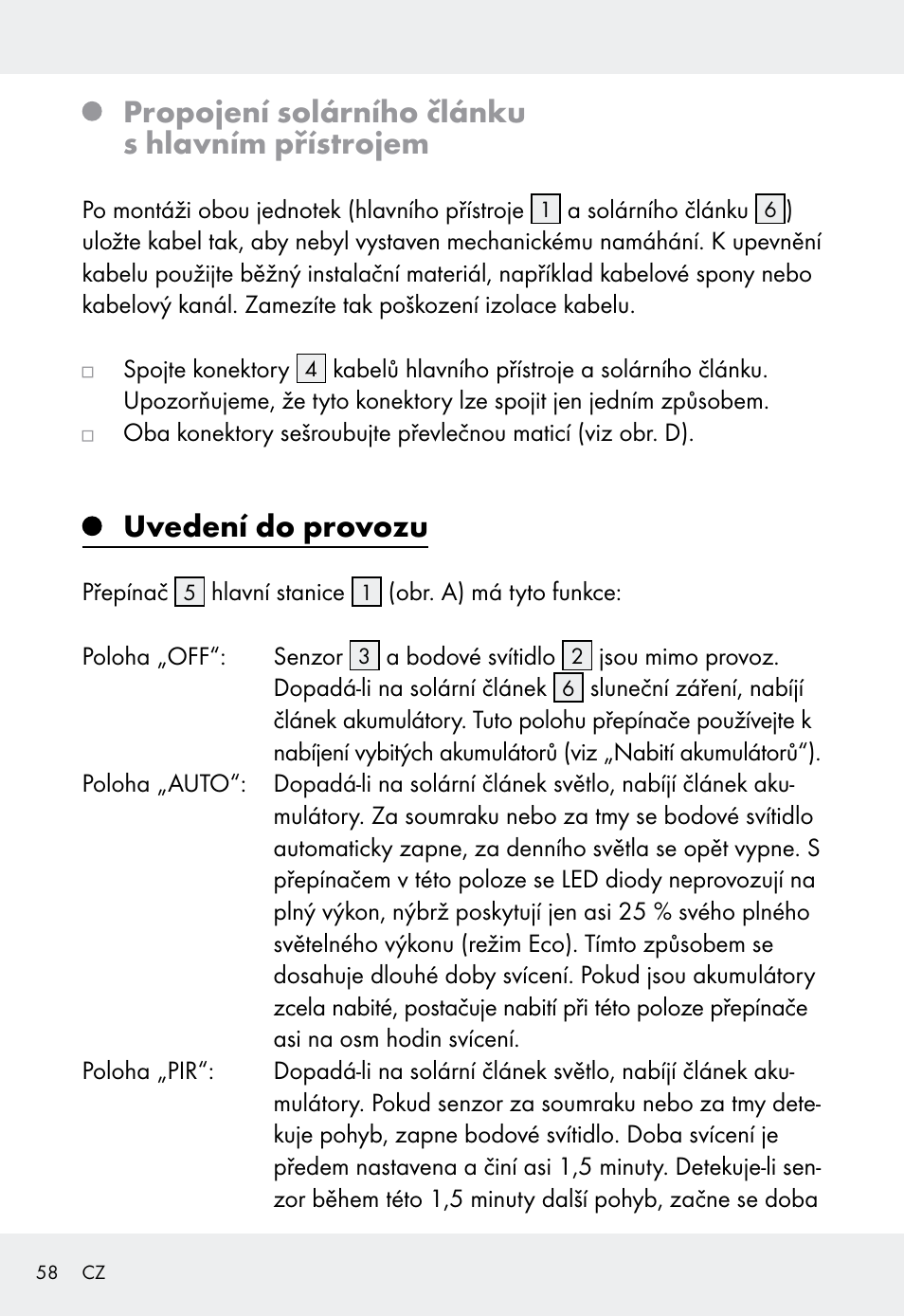 Propojení solárního článku s hlavním přístrojem, Uvedení do provozu | Livarno Z31999 User Manual | Page 58 / 85