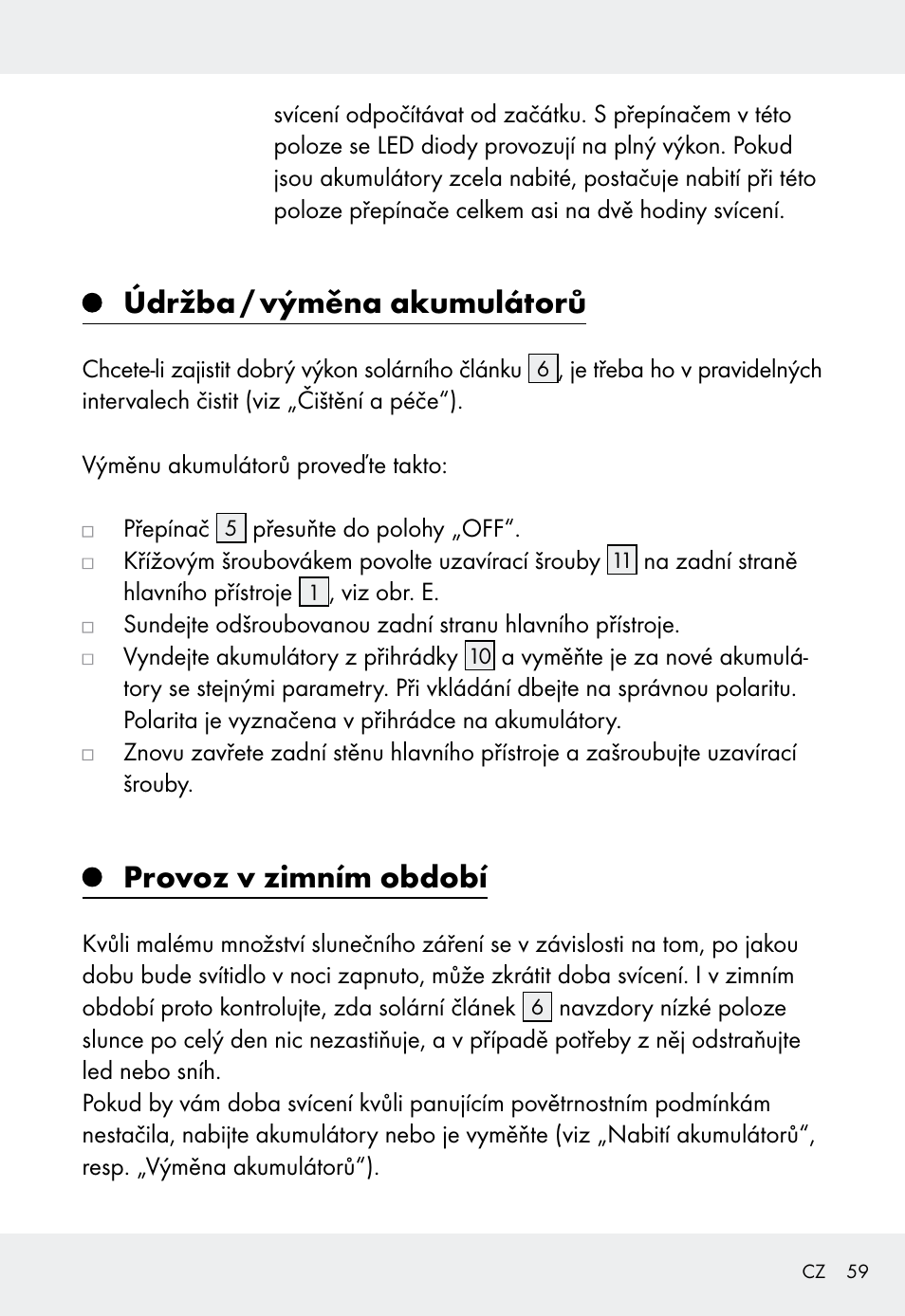 Údržba / výměna akumulátorů, Provoz v zimním období | Livarno Z31999 User Manual | Page 59 / 85