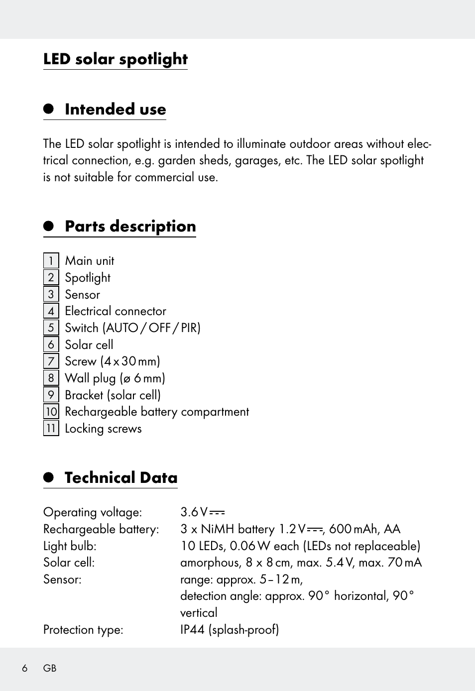Led solar spotlight intended use, Parts description, Technical data | Livarno Z31999 User Manual | Page 6 / 85