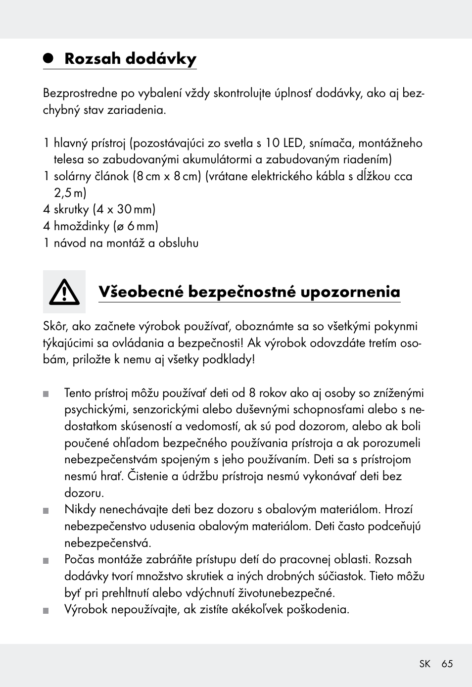 Rozsah dodávky, Všeobecné bezpečnostné upozornenia | Livarno Z31999 User Manual | Page 65 / 85