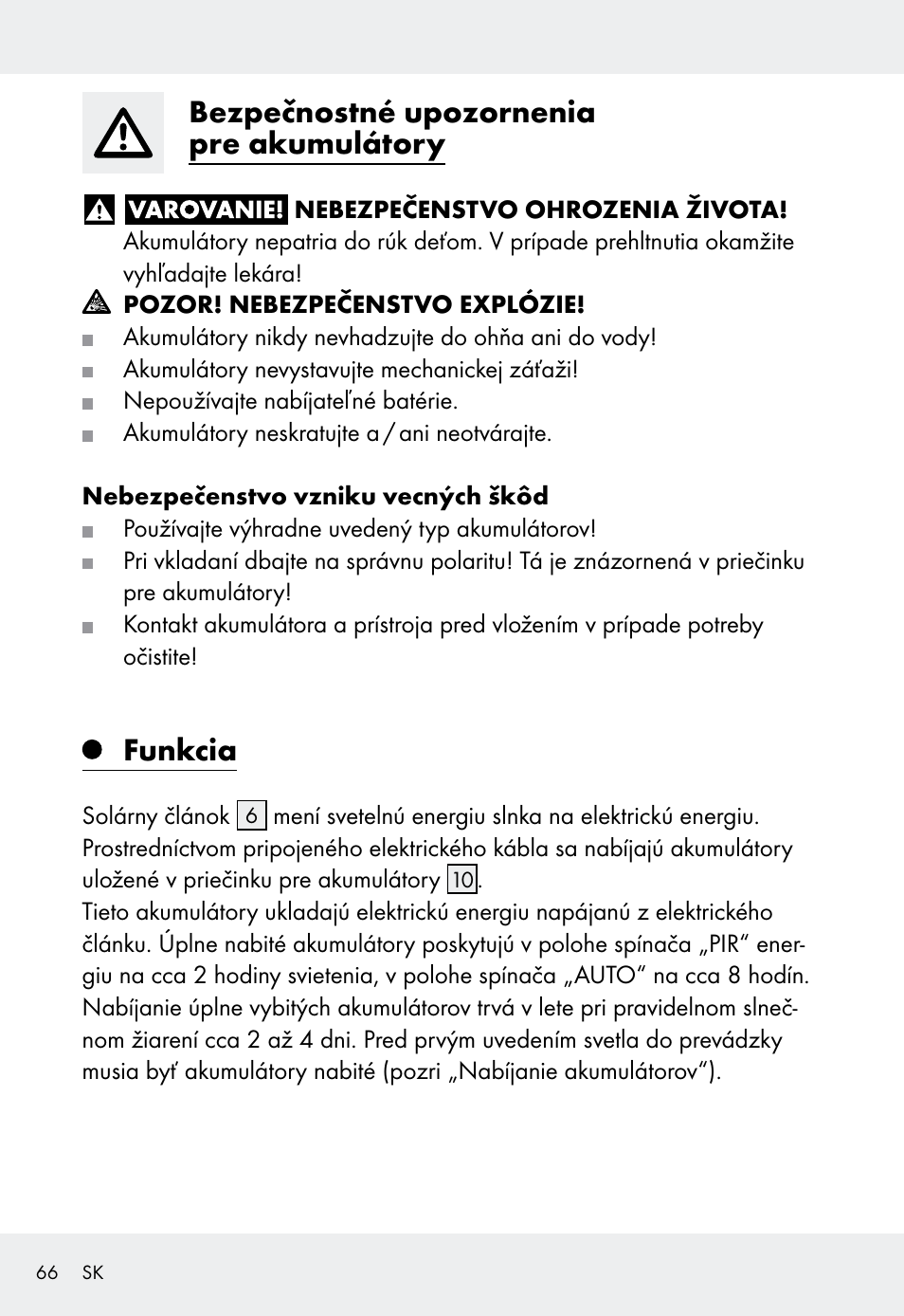 Bezpečnostné upozornenia pre akumulátory, Funkcia | Livarno Z31999 User Manual | Page 66 / 85
