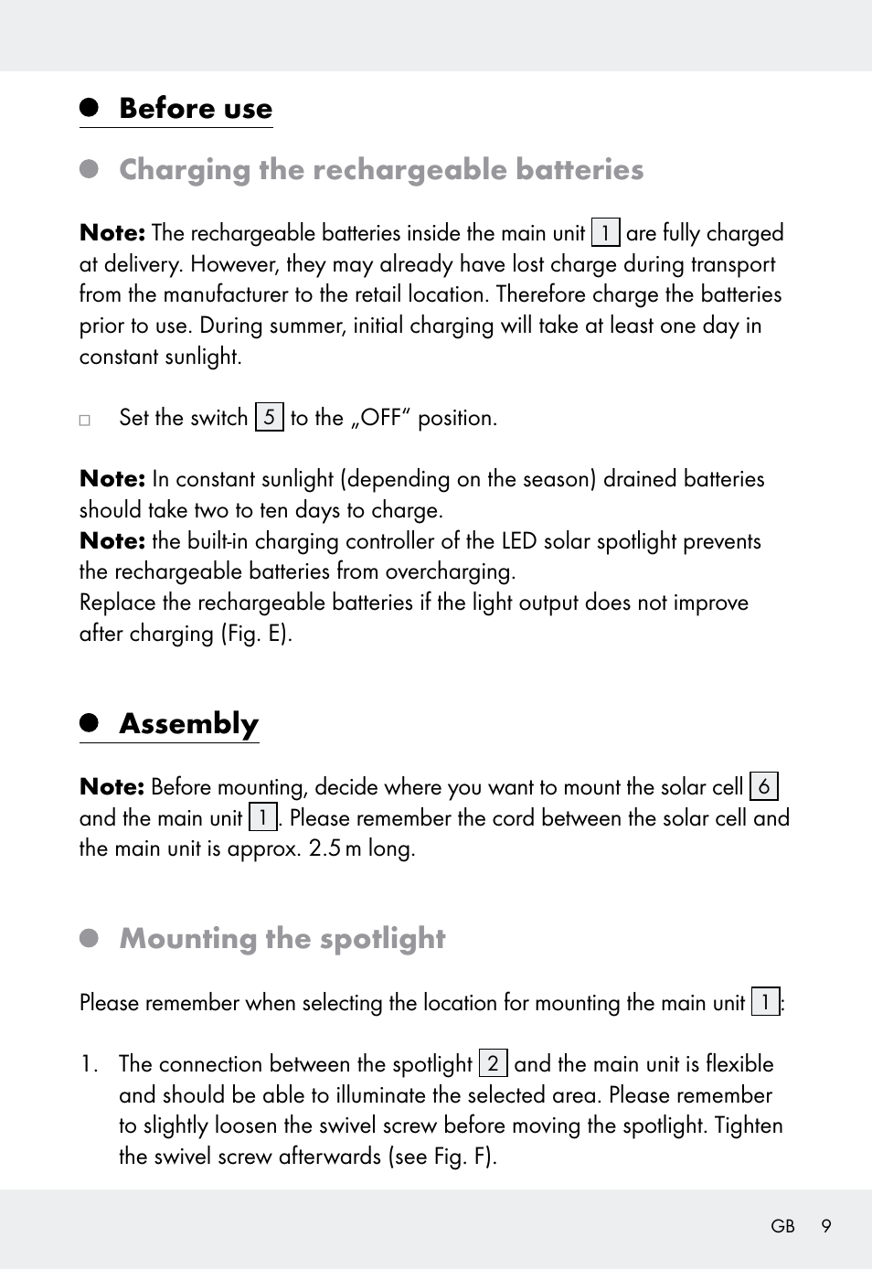 Before use charging the rechargeable batteries, Assembly, Mounting the spotlight | Livarno Z31999 User Manual | Page 9 / 85