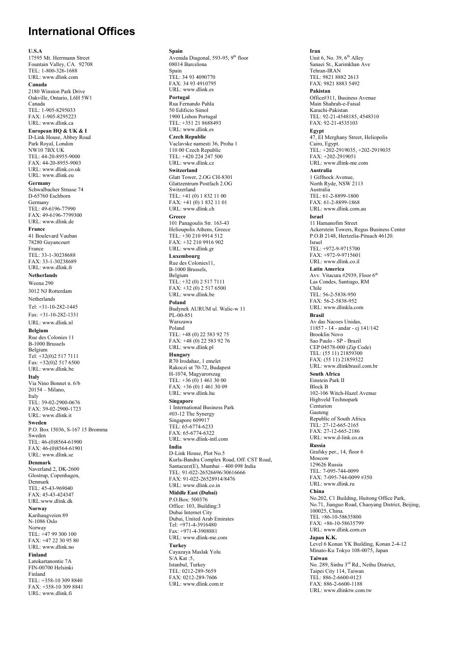 International offices | D-Link DES-1228P User Manual | Page 100 / 100