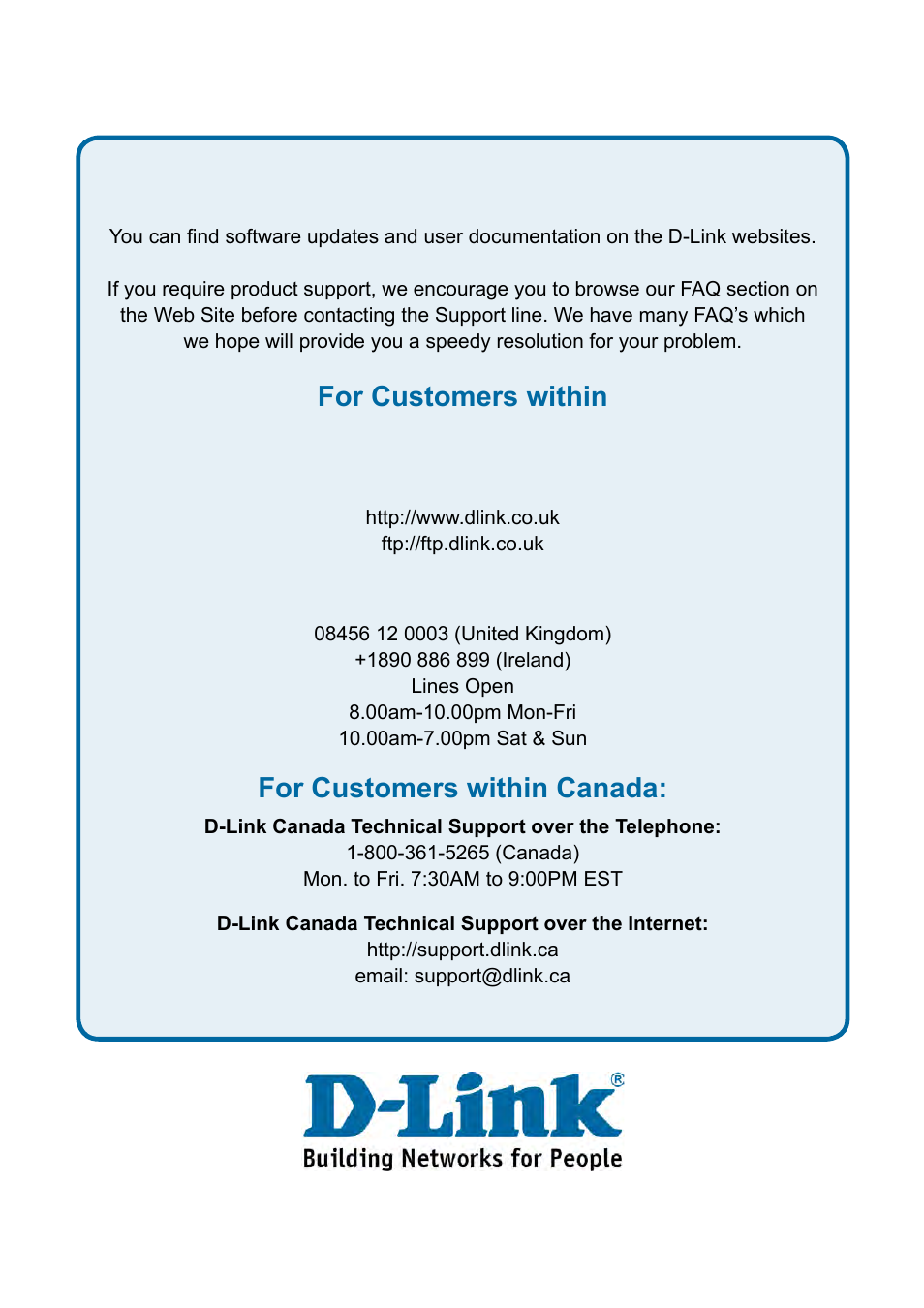 Technical support, For customers within the united kingdom & ireland, For customers within canada | D-Link DES-1228P User Manual | Page 84 / 100