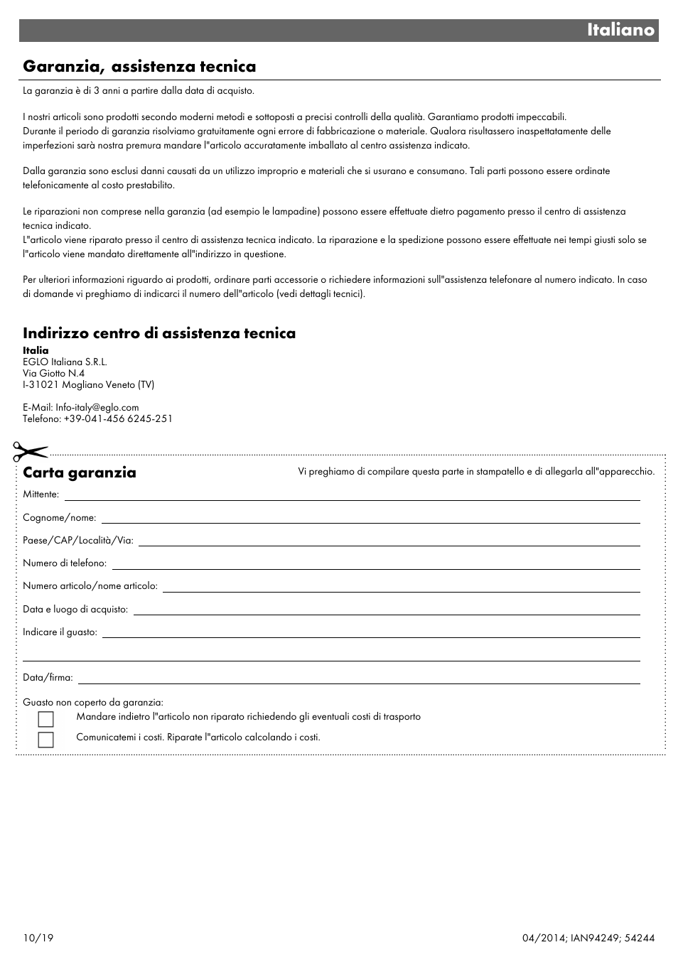 Italiano, Garanzia, assistenza tecnica, Indirizzo centro di assistenza tecnica | Carta garanzia | Livarno 6ER SET 54244 User Manual | Page 11 / 22