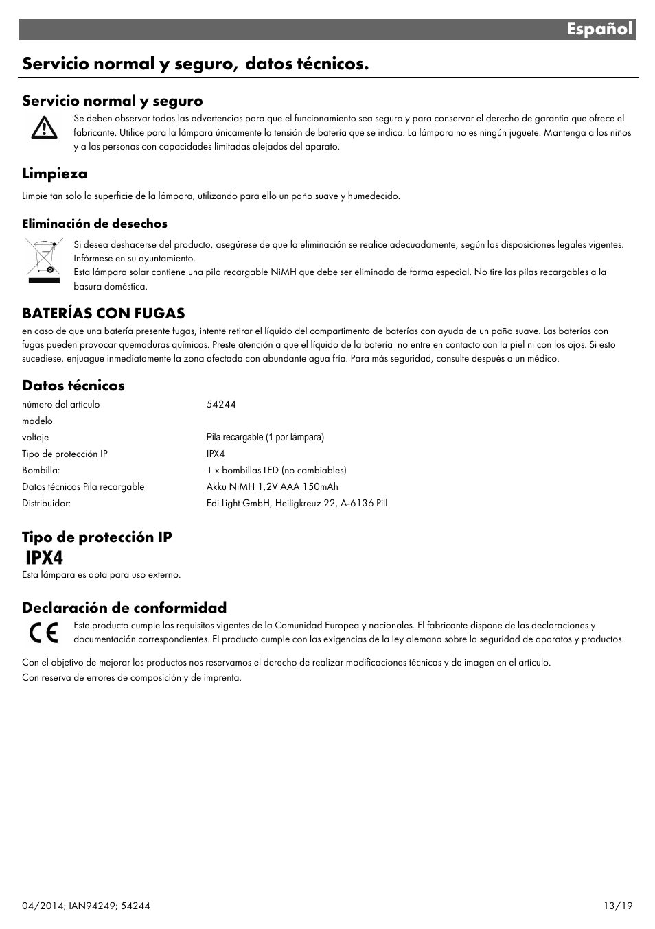 Español servicio normal y seguro, datos técnicos, Servicio normal y seguro, Limpieza | Baterías con fugas, Datos técnicos, Tipo de protección ip, Declaración de conformidad | Livarno 6ER SET 54244 User Manual | Page 14 / 22