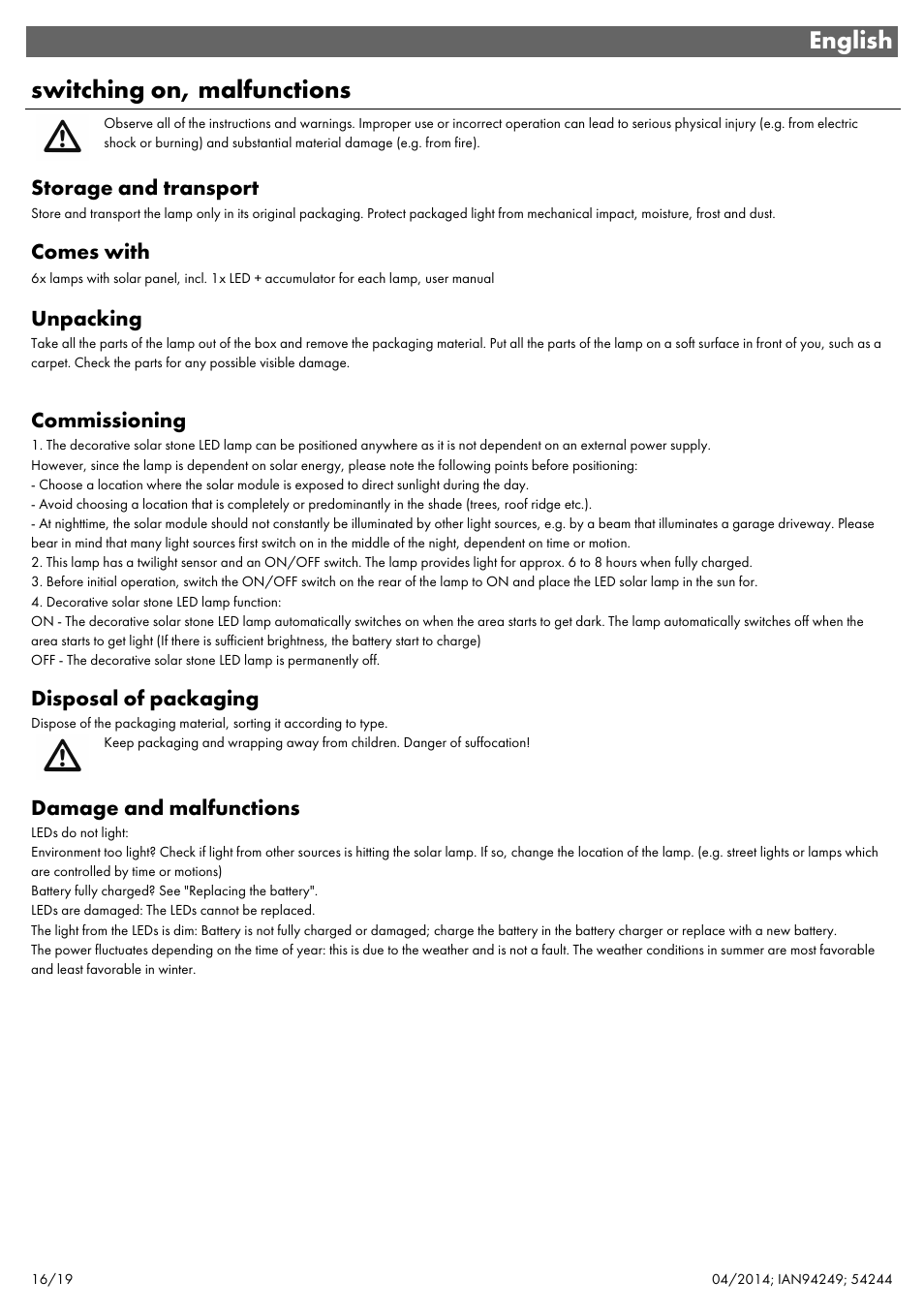 English switching on, malfunctions | Livarno 6ER SET 54244 User Manual | Page 17 / 22
