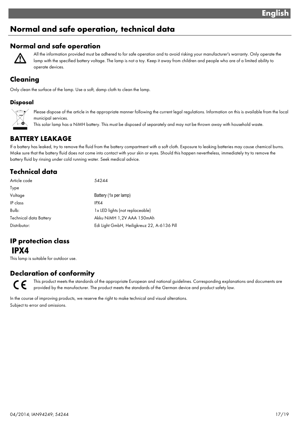 English normal and safe operation, technical data, Normal and safe operation, Cleaning | Battery leakage, Technical data, Ip protection class, Declaration of conformity | Livarno 6ER SET 54244 User Manual | Page 18 / 22