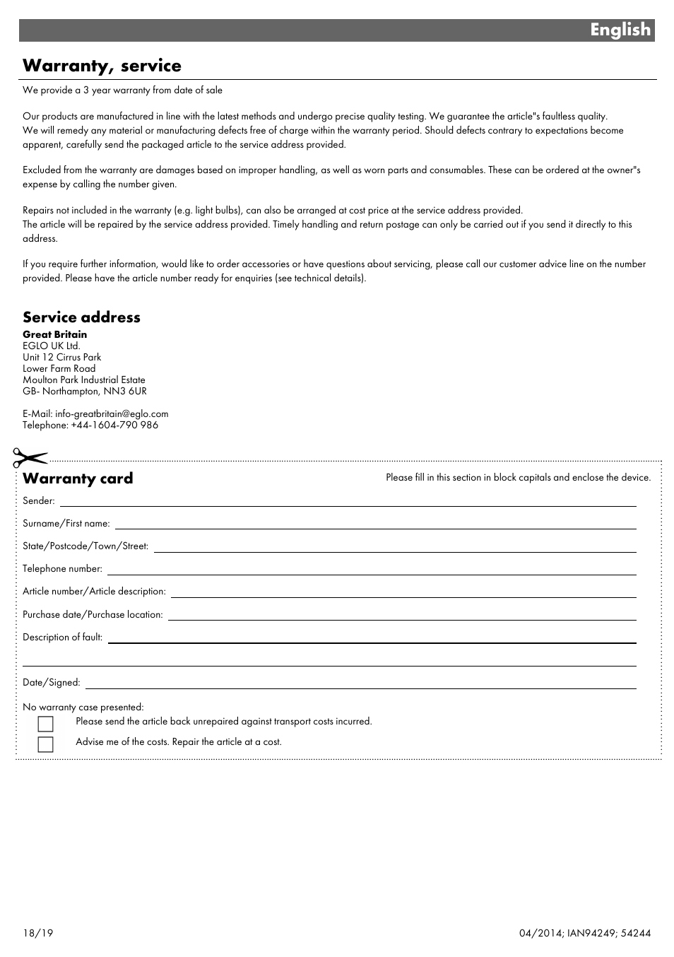 English warranty, service, Service address, Warranty card | Livarno 6ER SET 54244 User Manual | Page 19 / 22