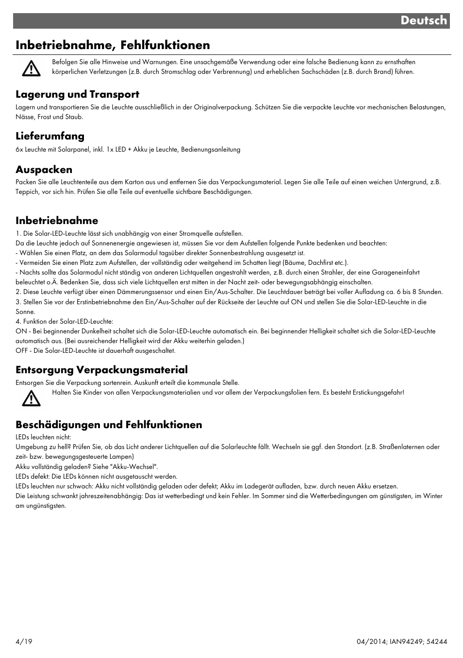 Deutsch inbetriebnahme, fehlfunktionen | Livarno 6ER SET 54244 User Manual | Page 5 / 22