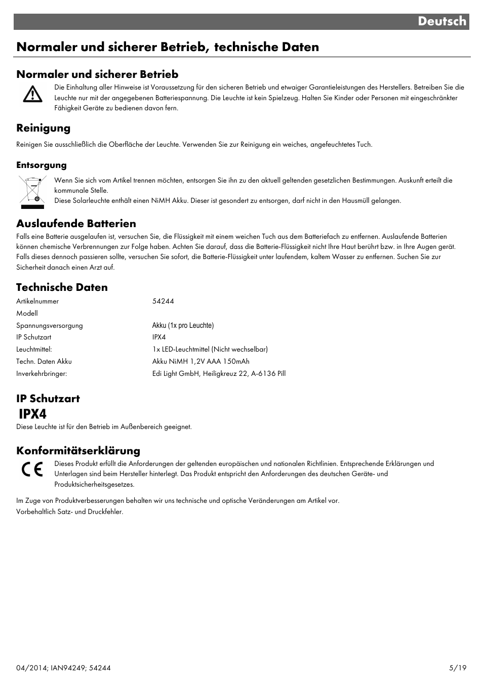 Normaler und sicherer betrieb, Reinigung, Auslaufende batterien | Technische daten, Ip schutzart, Konformitätserklärung | Livarno 6ER SET 54244 User Manual | Page 6 / 22