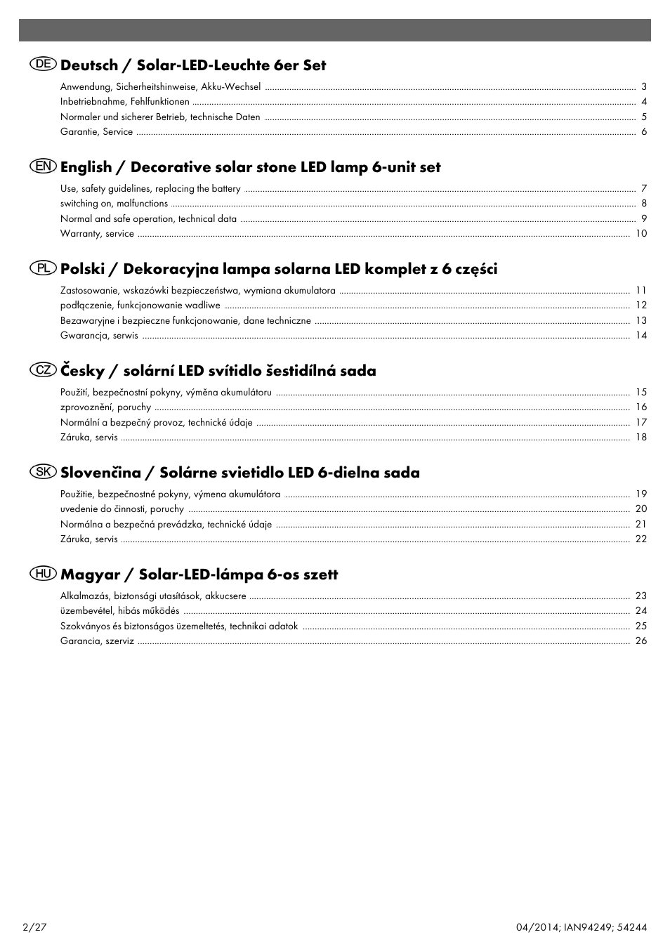 Deutsch / solar-led-leuchte 6er set, Česky / solární led svítidlo šestidílná sada, Slovenčina / solárne svietidlo led 6-dielna sada | Magyar / solar-led-lámpa 6-os szett | Livarno 6ER SET 54244 User Manual | Page 3 / 30