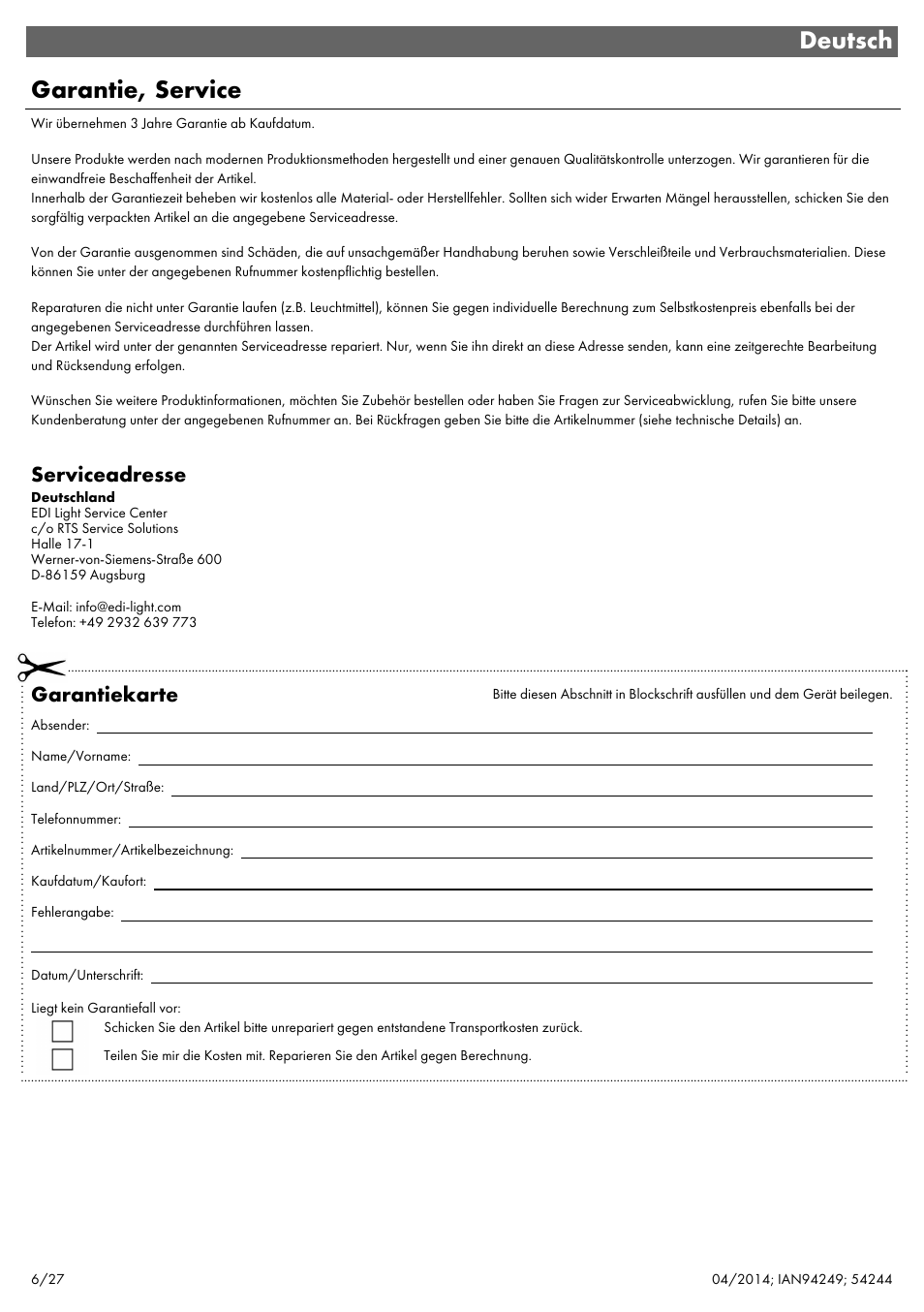 Deutsch garantie, service, Serviceadresse, Garantiekarte | Livarno 6ER SET 54244 User Manual | Page 7 / 30