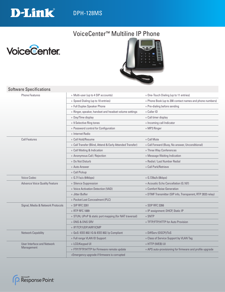Voicecenter, Multiline ip phone, Dph-128ms | Software specifi cations | D-Link VoiceCenter DPH-128MS User Manual | Page 2 / 3