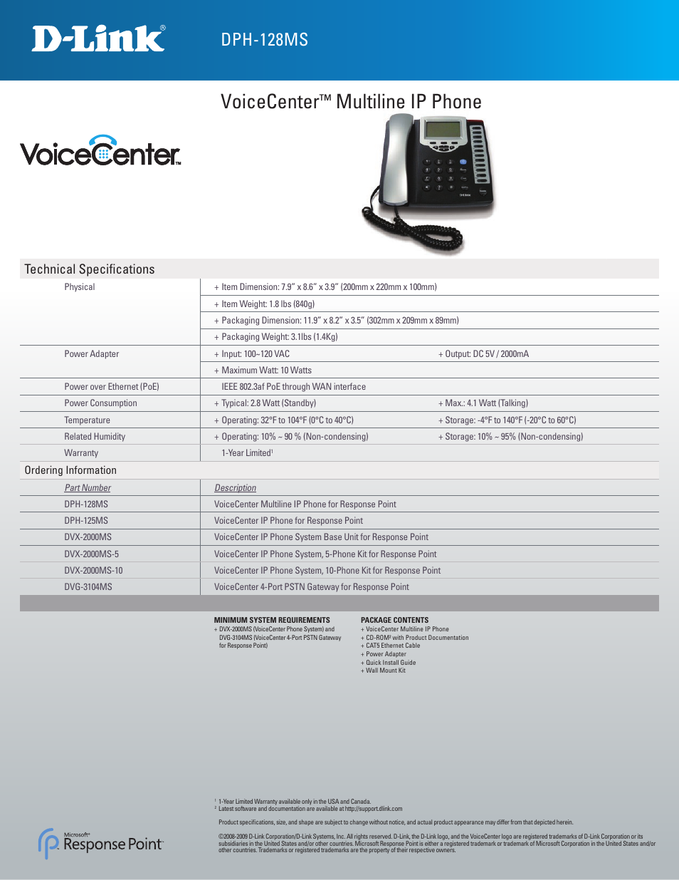 Voicecenter, Multiline ip phone, Dph-128ms | Technical specifi cations | D-Link VoiceCenter DPH-128MS User Manual | Page 3 / 3