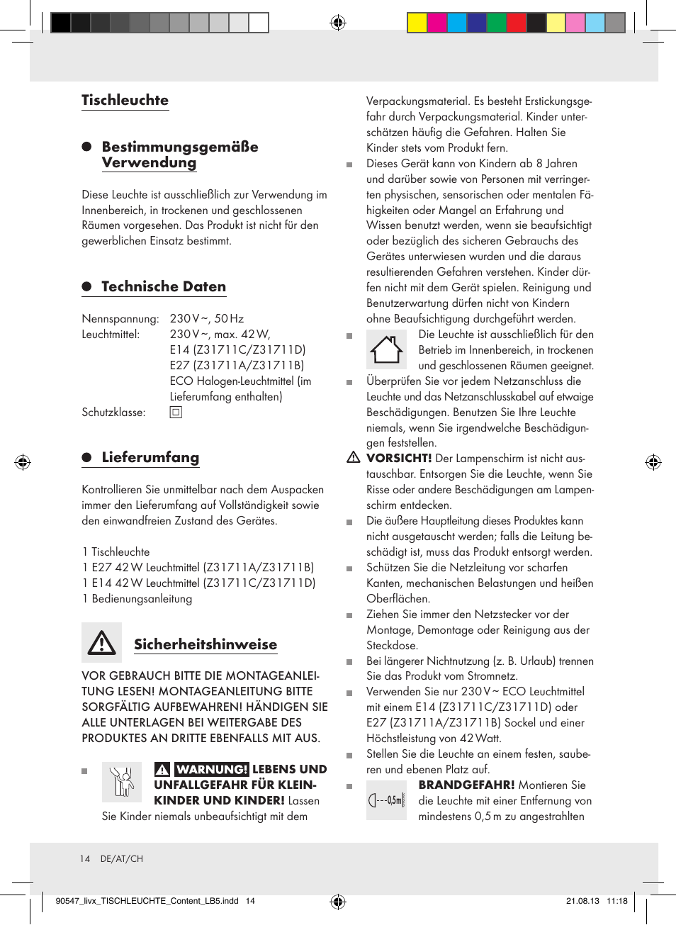 Tischleuchte, Bestimmungsgemäße verwendung, Technische daten | Lieferumfang, Sicherheitshinweise | Livarno Z31711..-BS User Manual | Page 14 / 17