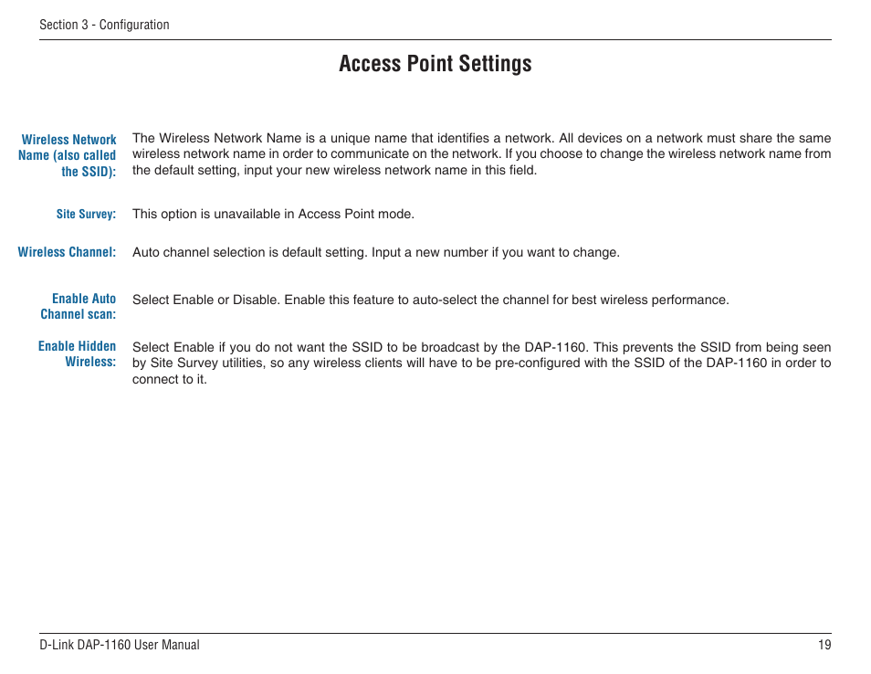 Access point settings | D-Link DAP-1160 User Manual | Page 19 / 59