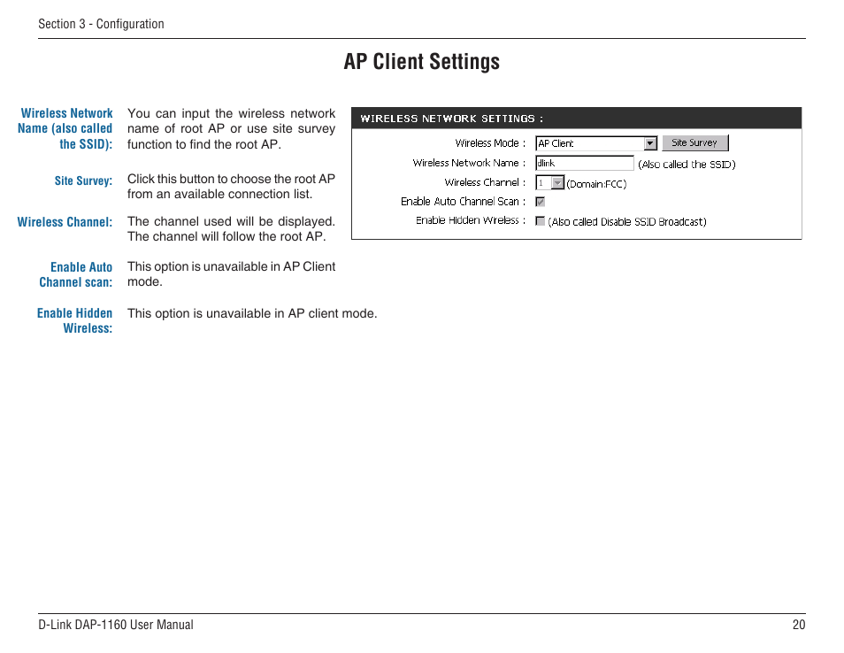 Ap client settings | D-Link DAP-1160 User Manual | Page 20 / 59