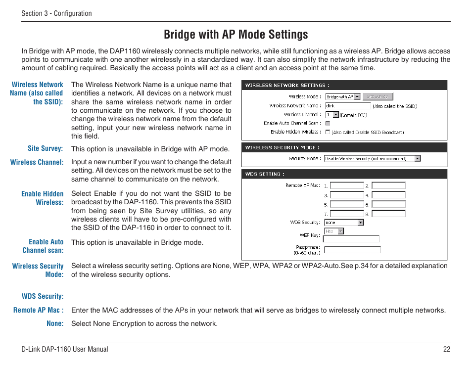 Bridge with ap mode settings | D-Link DAP-1160 User Manual | Page 22 / 59