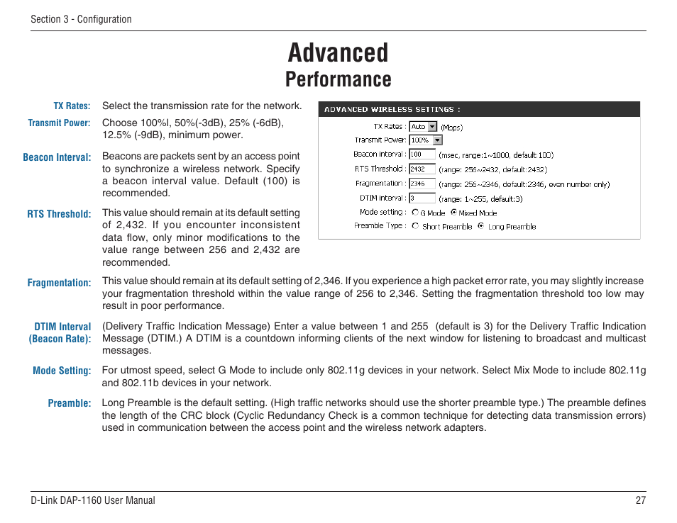 Advanced, Performance | D-Link DAP-1160 User Manual | Page 27 / 59