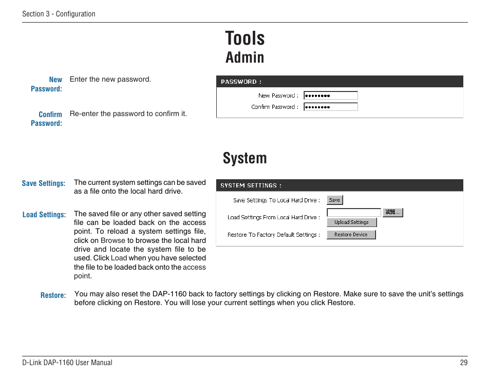 Tools, Admin, System | D-Link DAP-1160 User Manual | Page 29 / 59