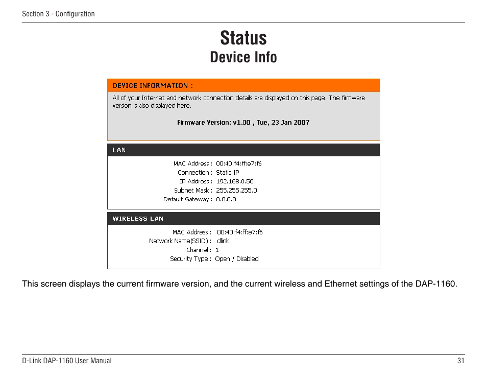 Status, Device info | D-Link DAP-1160 User Manual | Page 31 / 59