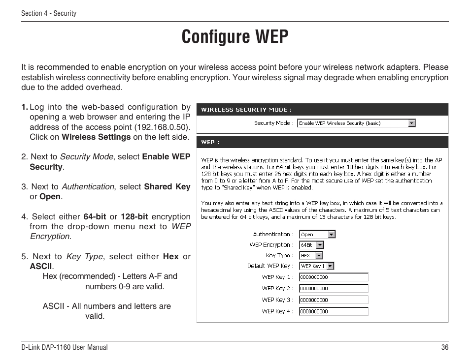 Configure wep | D-Link DAP-1160 User Manual | Page 36 / 59
