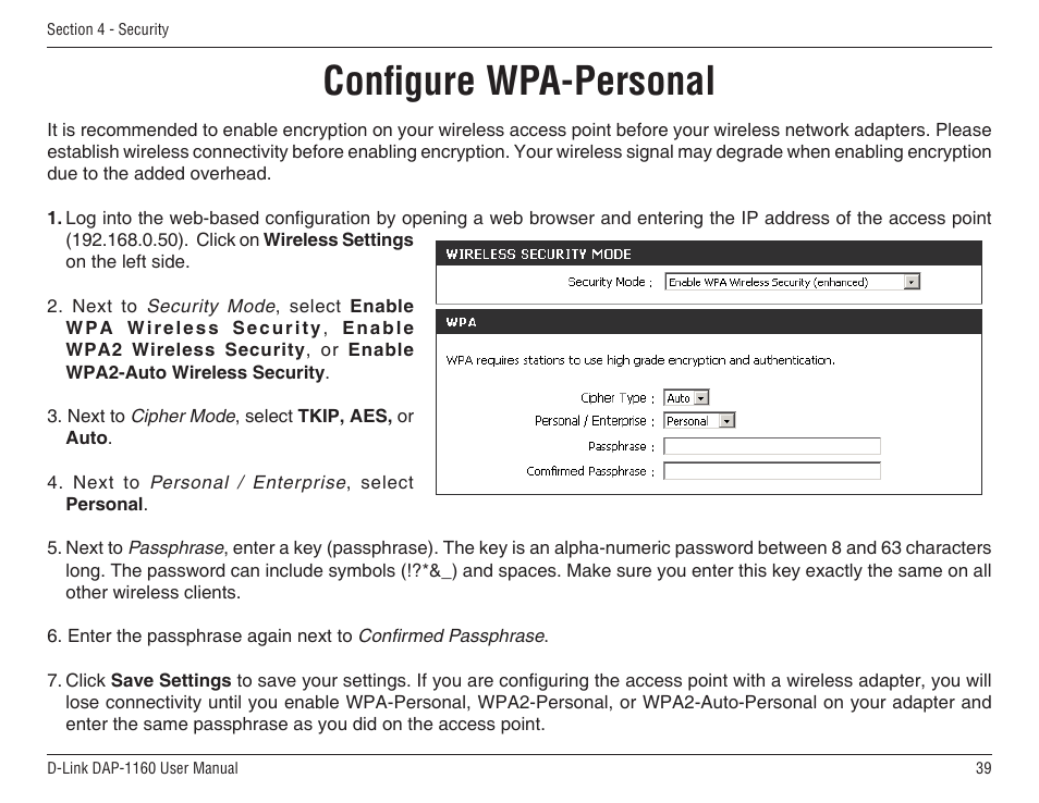 Configure wpa-personal | D-Link DAP-1160 User Manual | Page 39 / 59