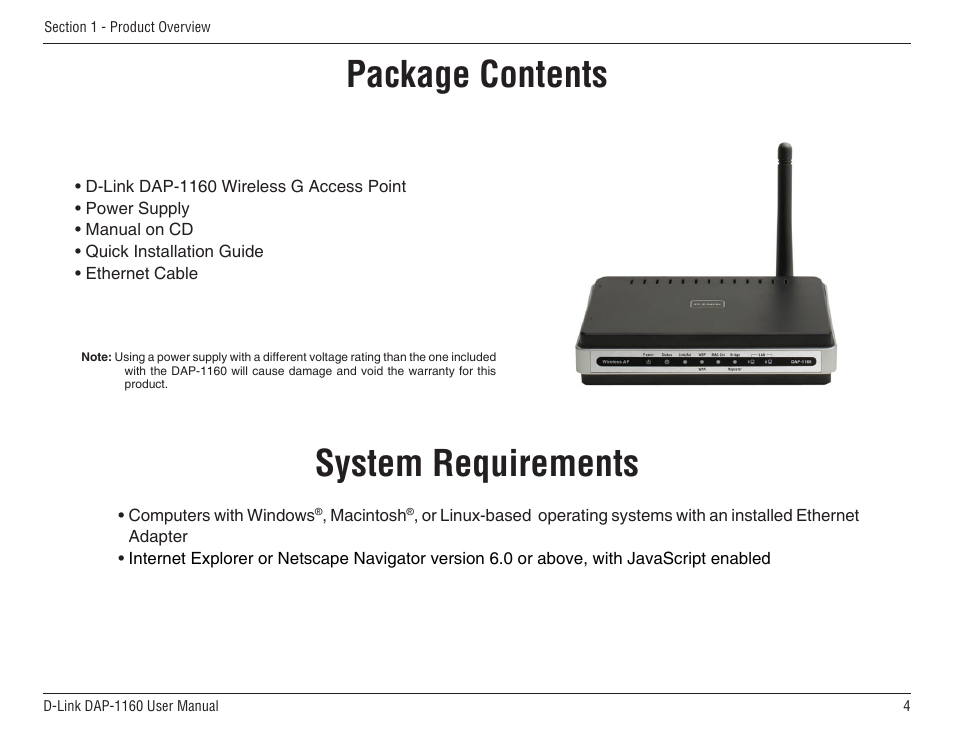 Product overview, System requirements, Package contents | D-Link DAP-1160 User Manual | Page 4 / 59