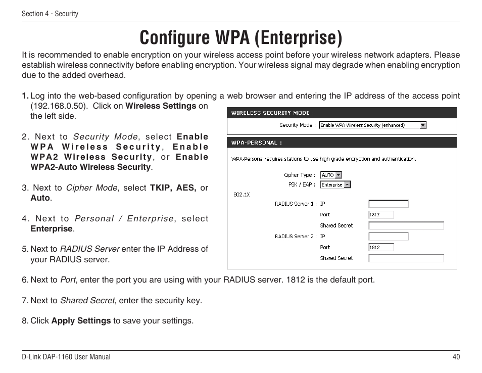 Configure wpa (enterprise) | D-Link DAP-1160 User Manual | Page 40 / 59
