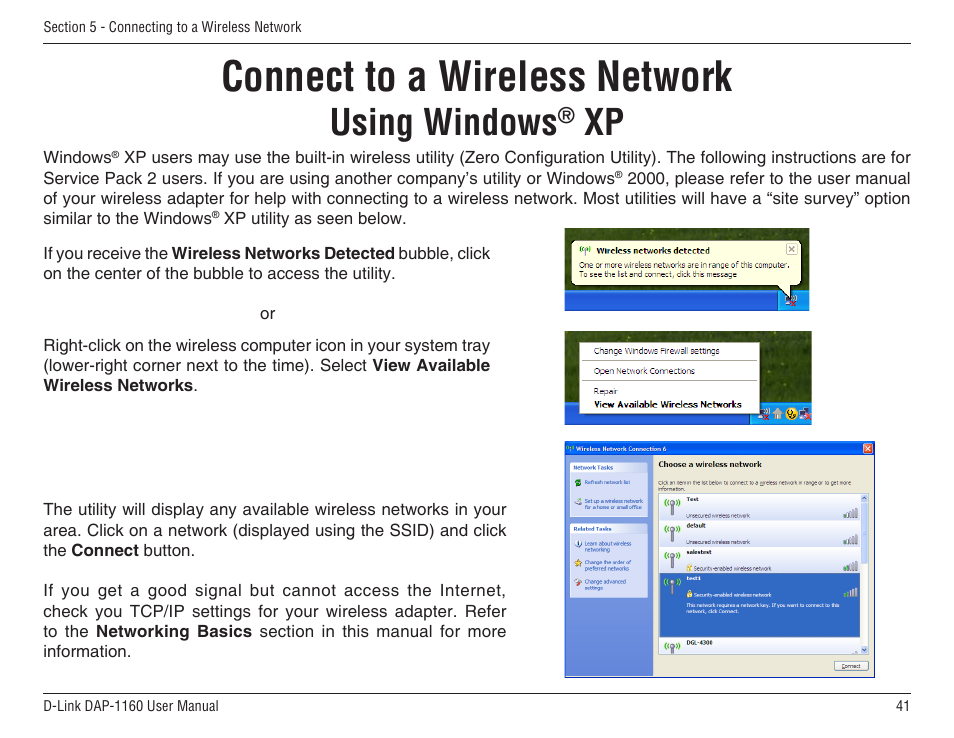Connect to a wireless network, Using windows | D-Link DAP-1160 User Manual | Page 41 / 59