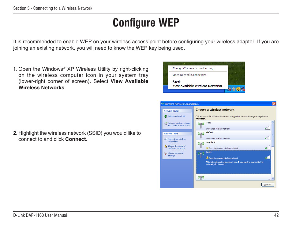 Configure wep | D-Link DAP-1160 User Manual | Page 42 / 59