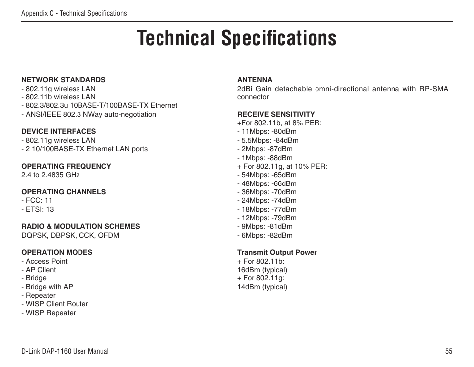 Technical specifications | D-Link DAP-1160 User Manual | Page 55 / 59