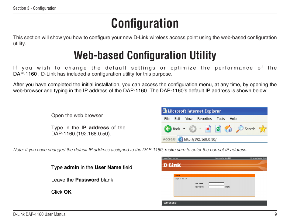 Configuration, Web-based configuration utility | D-Link DAP-1160 User Manual | Page 9 / 59