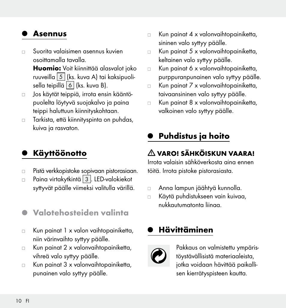 Asennus, Käyttöönotto, Valotehosteiden valinta | Puhdistus ja hoito, Hävittäminen | Livarno Z31357 User Manual | Page 10 / 32