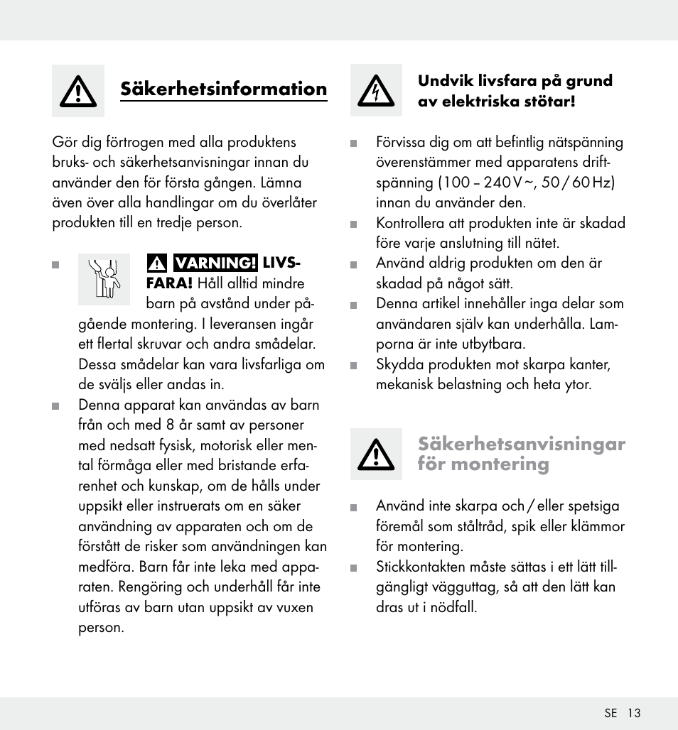 Säkerhetsinformation, Säkerhetsanvisningar för montering | Livarno Z31357 User Manual | Page 13 / 32