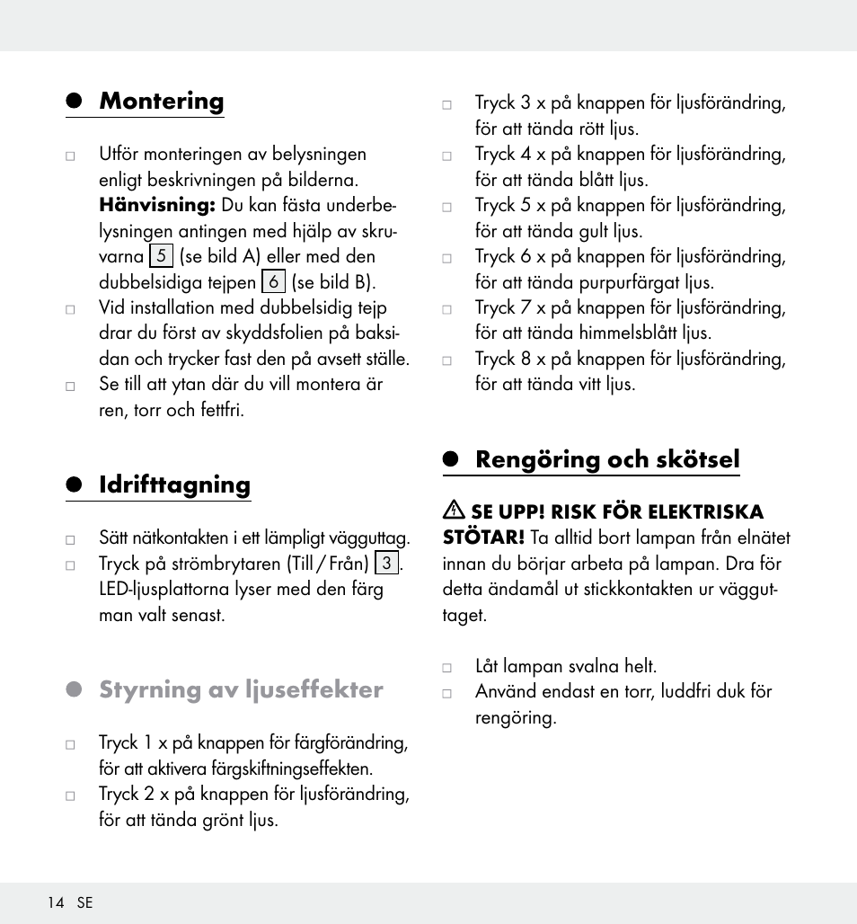 Montering, Idrifttagning, Styrning av ljuseffekter | Rengöring och skötsel | Livarno Z31357 User Manual | Page 14 / 32