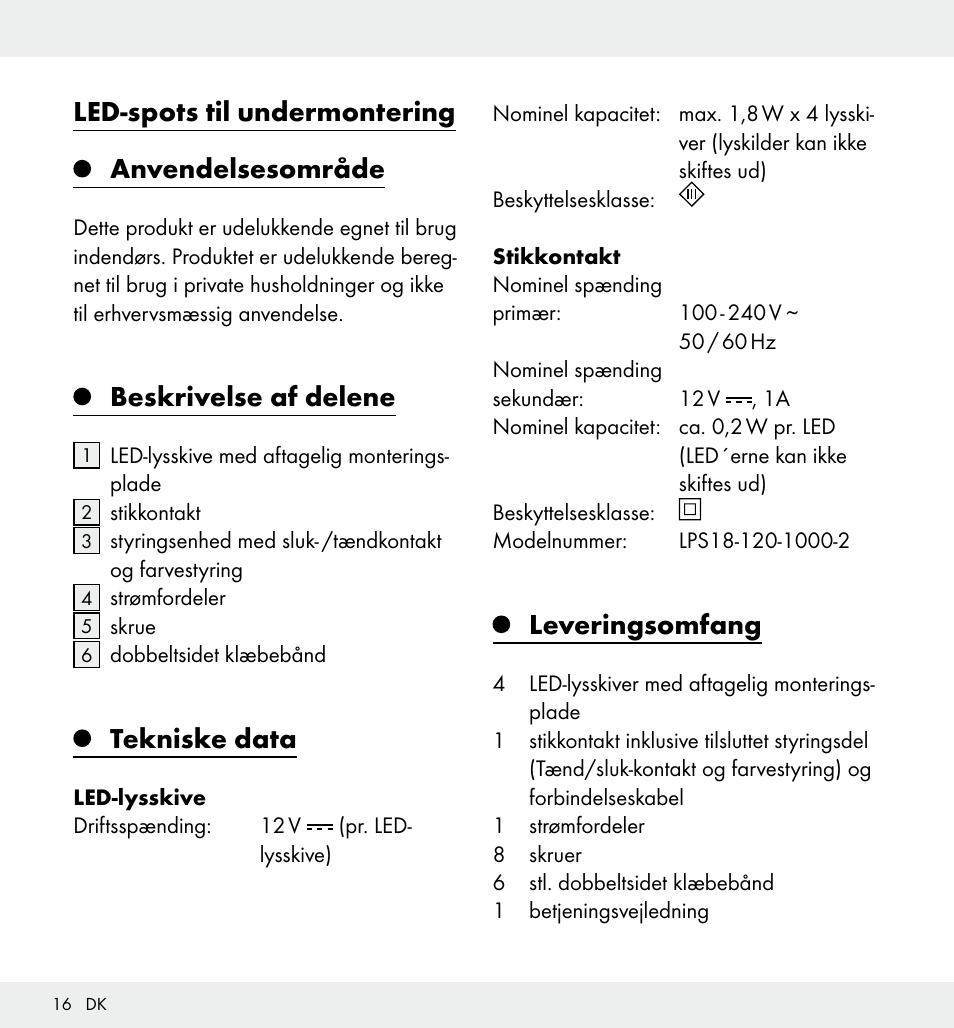 Led-spots til undermontering anvendelsesområde, Beskrivelse af delene, Tekniske data | Leveringsomfang | Livarno Z31357 User Manual | Page 16 / 32