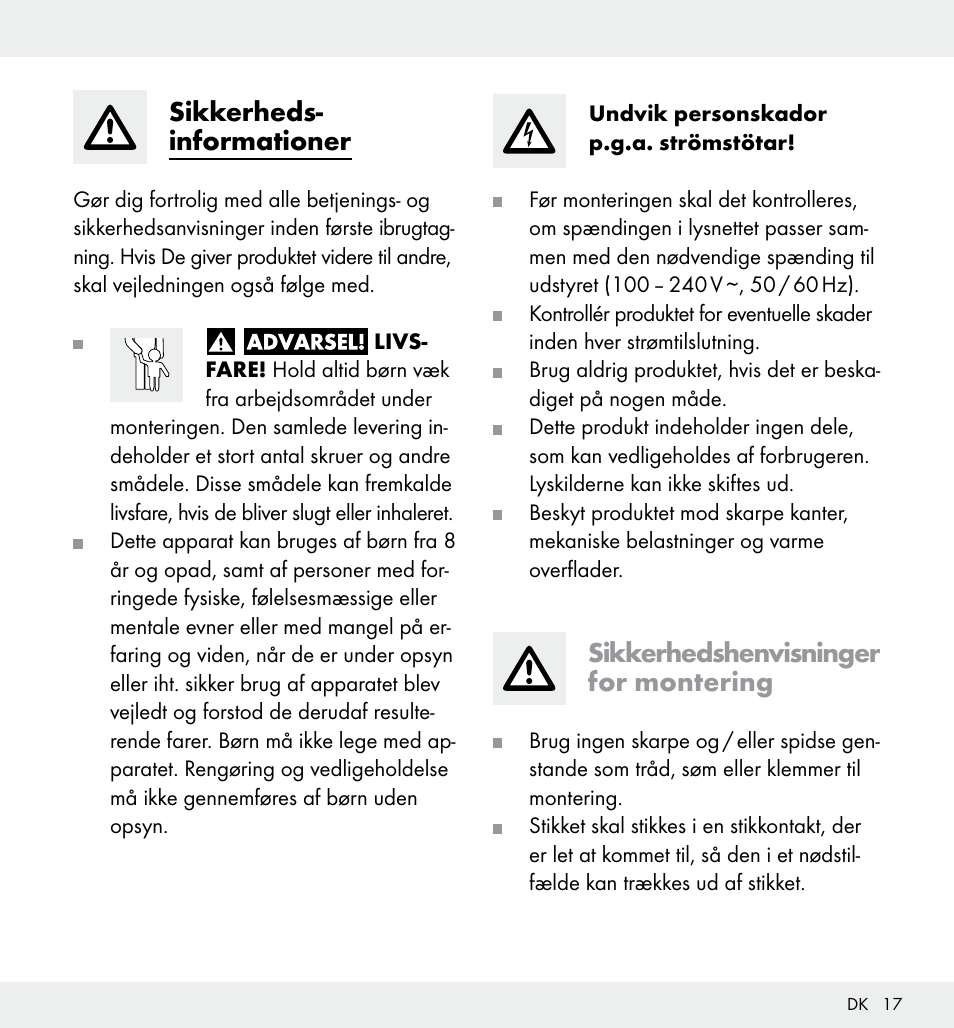 Sikkerheds- informationer, Sikkerhedshenvisninger for montering | Livarno Z31357 User Manual | Page 17 / 32